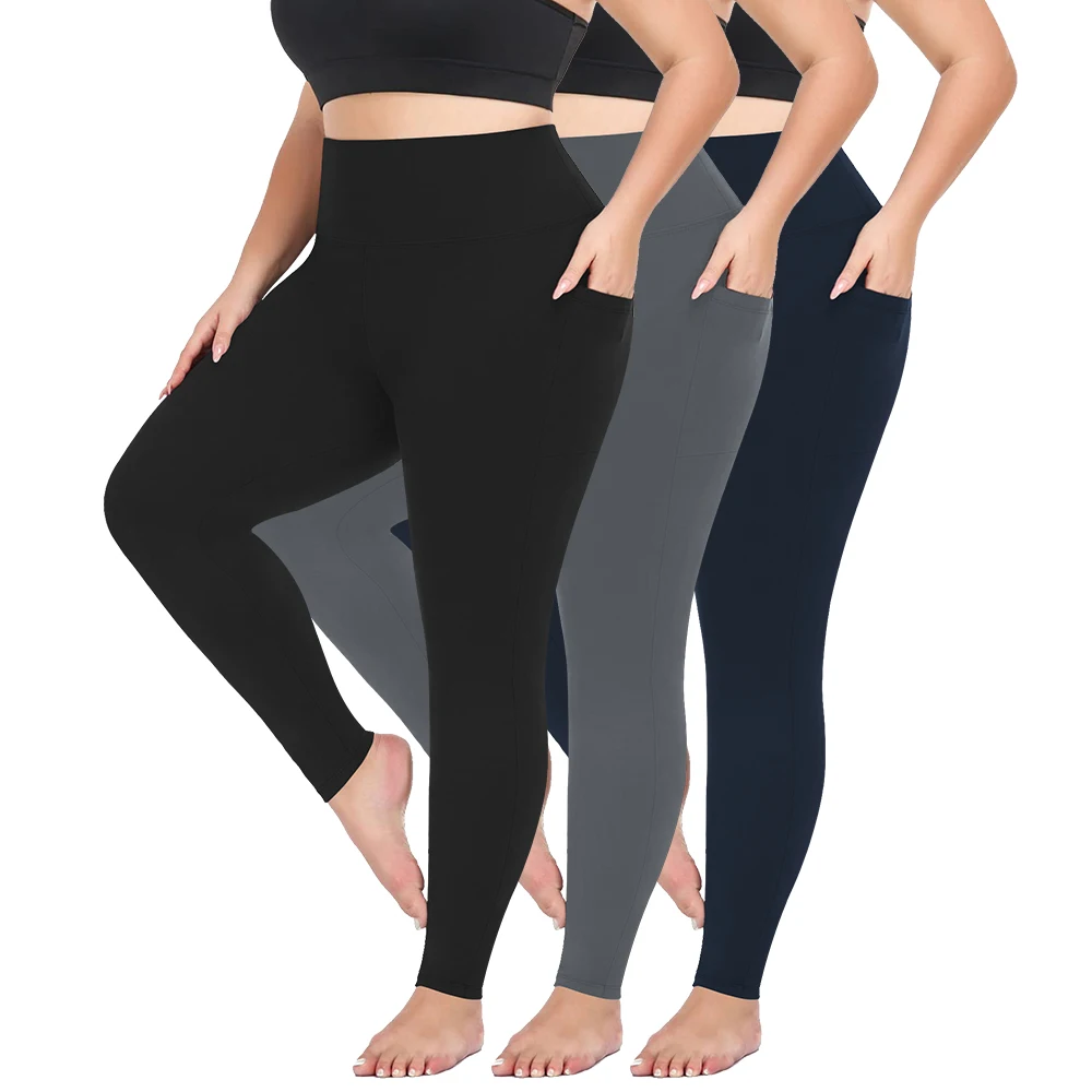 Leggings de talla grande con bolsillos para mujer, pantalones de Yoga de entrenamiento suave de LICRA de cintura alta, paquete de 3