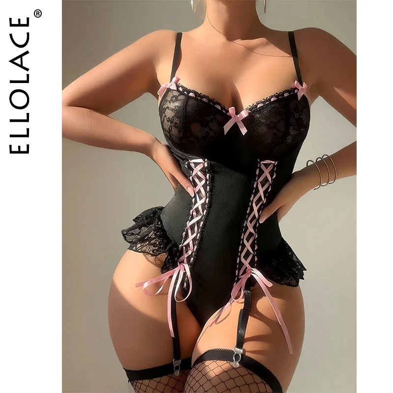 

Ellolace Sexy Underwear Uncensored Coquette Pure Desire Lace Up Bodysuit Fancy Bowknot Ball Adult Female Body Fishnet Stocking