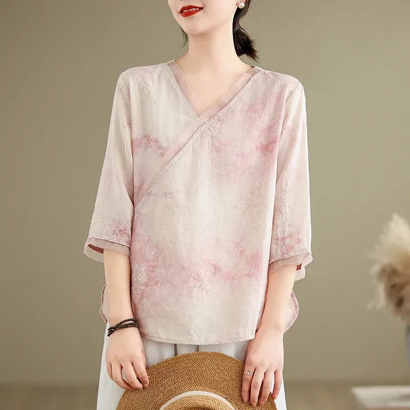 

Женская блузка в китайском стиле из хлопка и льна с V-образным вырезом, рукавом 3/4, завязками, вышивкой и акварельным принтом, повседневный топ