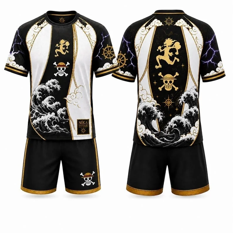 Bestselling New Anime Luffy Summer Adult and Children's Football T-shirt Shorts Set Breathable Quick Drying Parent-child Outfit