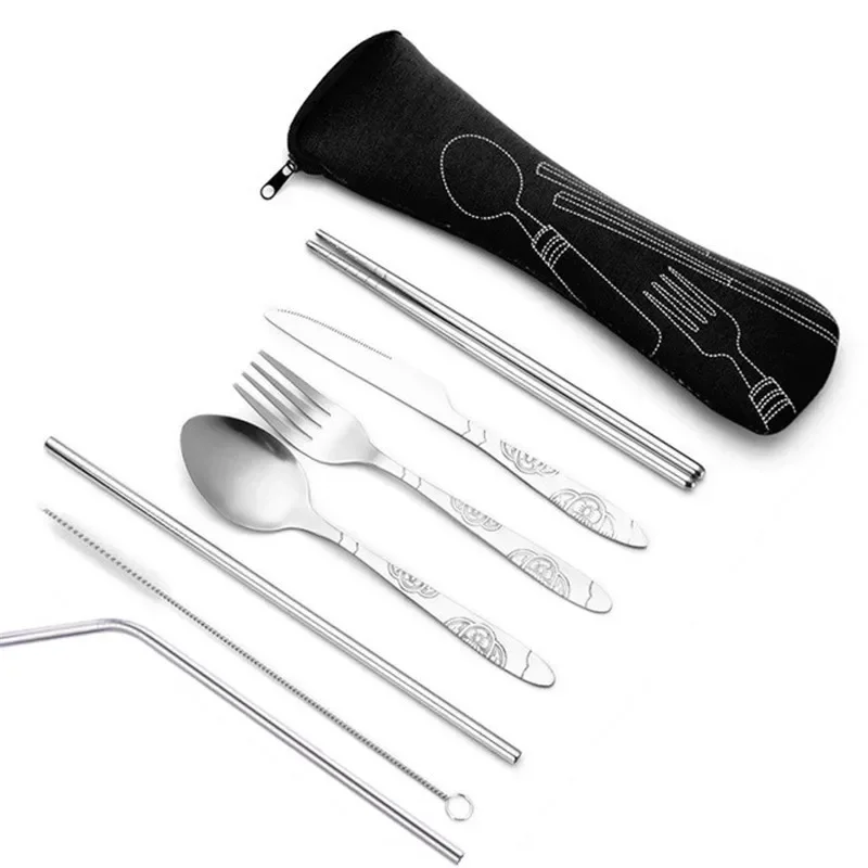 7pcs/ Set Picnic Tableware Set Portable Travel Cutlery Kit Case Cloth Bag Knife Fork Spoon Chopstick Straw Rich Flower Seven Set