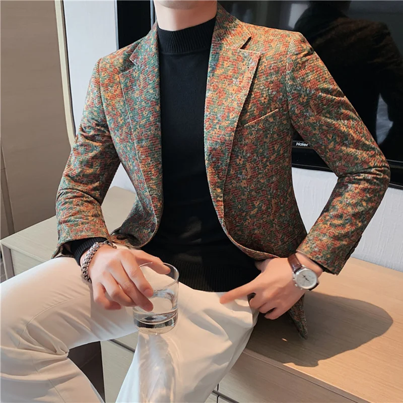 Mens Stylish Blazer 2022 Autumn Flower Printed Blazer Men Wedding Social Slim Business Clothing Formal Tuxedo Suit Jacket Hombre