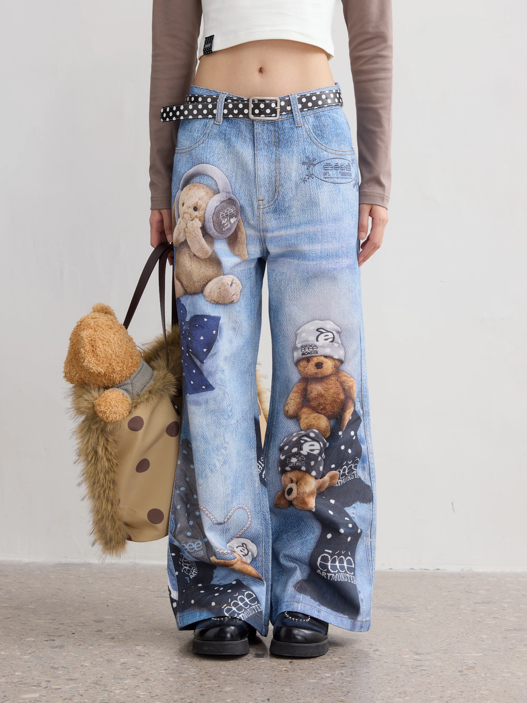 Digital Print Plush Toy Design Jeans Teddy Bear Straight Leg Pants Cotton 100% mid Waist Zipper Closure Casual Youth Jeans