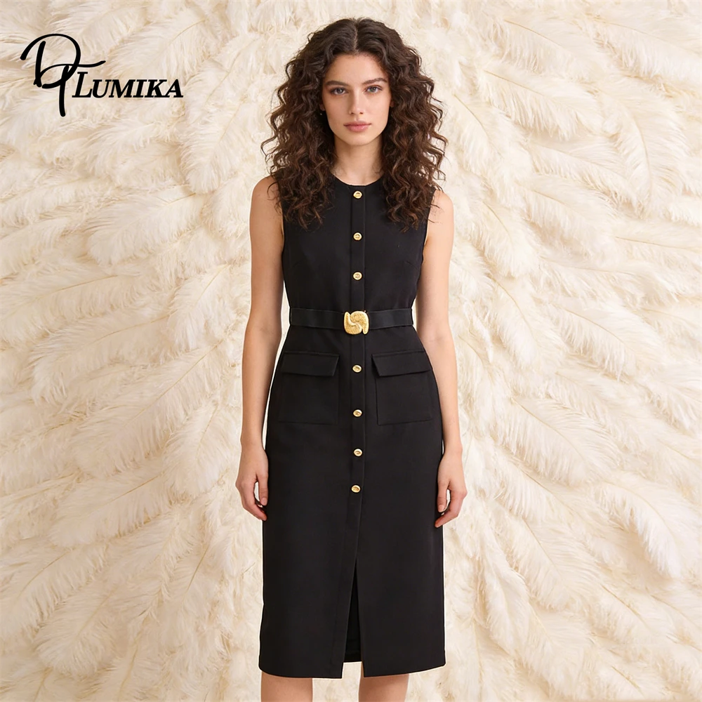 

Black Sleeveless Midi Dress Gold Button Front Belted Waist Flap Pockets Casual Office Party Stretchy Fabric Trendy Dress