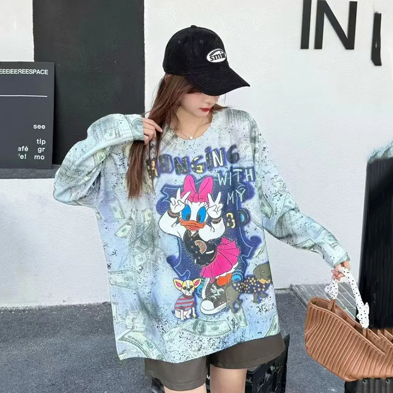 

Американский ретро креативный дизайн с мультяшным принтом, свитер с длинными рукавами, женский осенний свободный повседневный стиль, модный топ с круглым вырезом