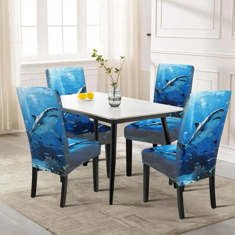 

2D flat print Parsons chair cover shark coral small fish print, restaurant chair cover removable and washable