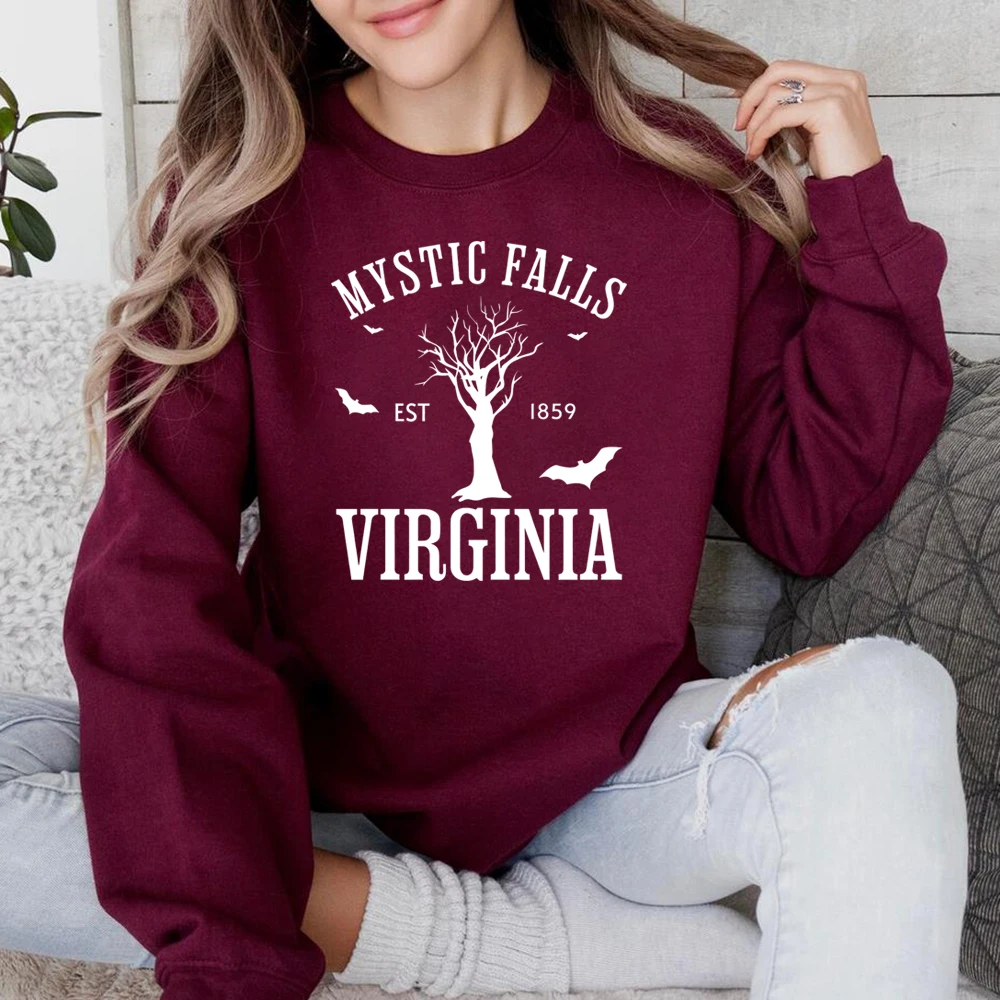 Mystic Falls Virginia Sweatshirt Vampire Diaries Hoodie Retro TV Show TVD Sweater Damon Salvatore Crewneck Sweatshirts Fans Gift