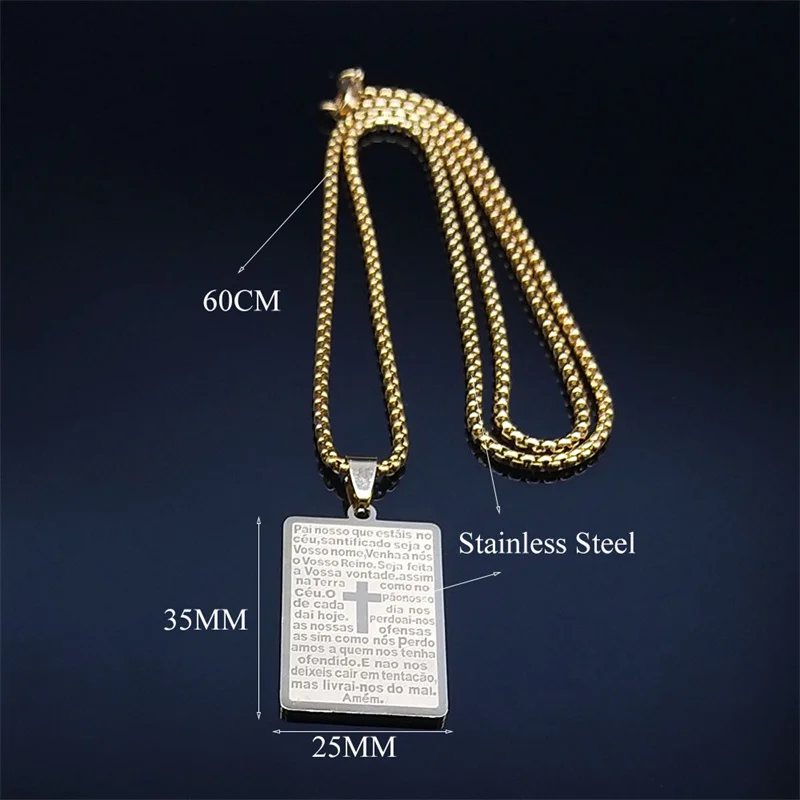 Chrisitian Cross Bible Verse Prayer Necklace Stainless Steel Portuguese Religious Necklaces Jewelry collar hombre N2035S02 view 6