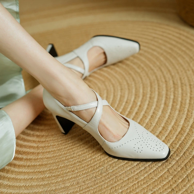 

NEW Spring/Autumn Women Pumps Square Toe High Heel Shoes Genuine Leather Shoes for Women Concise Cross-tie Buckle Strap Shoes