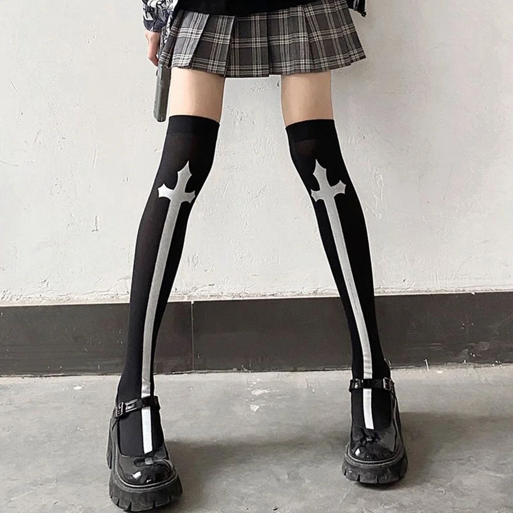 1 paar schedelprint lange sexy kousen zwarte spin kruis kousen Halloween cosplay over de knie sokken vrouwen dij hoge kousen