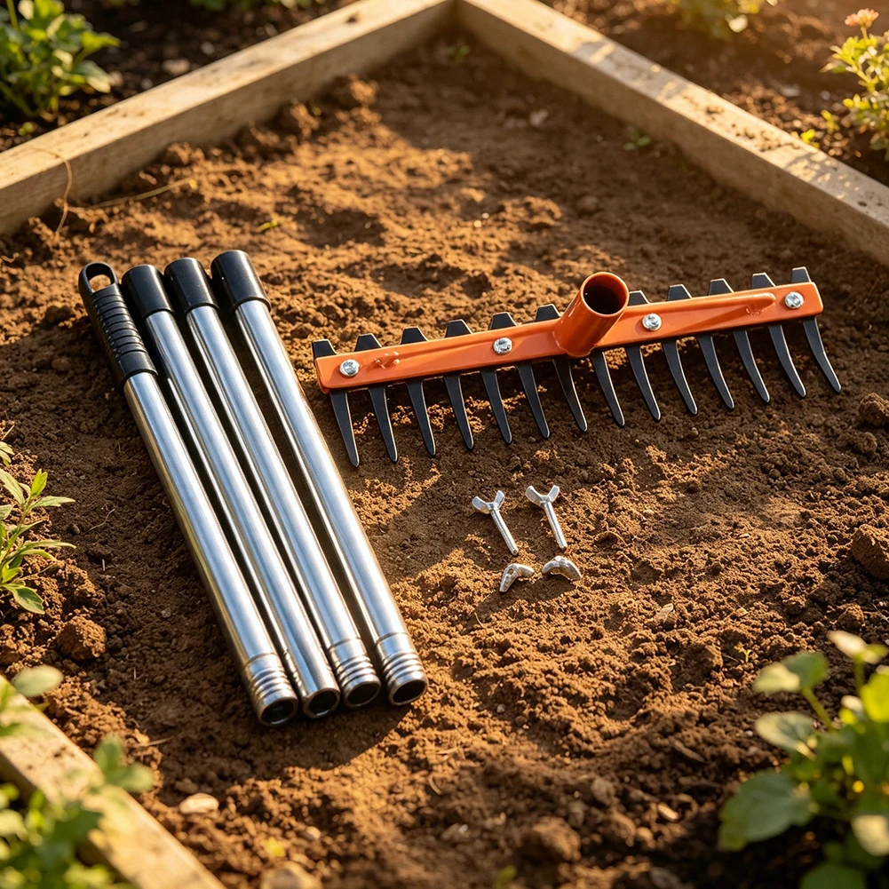 62 Inch Wide Rake Head Garden Tool with 14 Tempered Steel Tines for Leveling Soil Spreading Mulch and Clearing Debris
