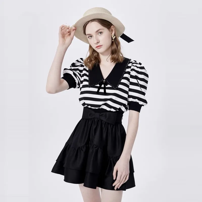 2024 Summer Striped Sweater Tees Women Knit T-shirt Pullovers Puff Sleeve Fashion Stylish Chic Ladies Knitwear Jumpers Crop Tops