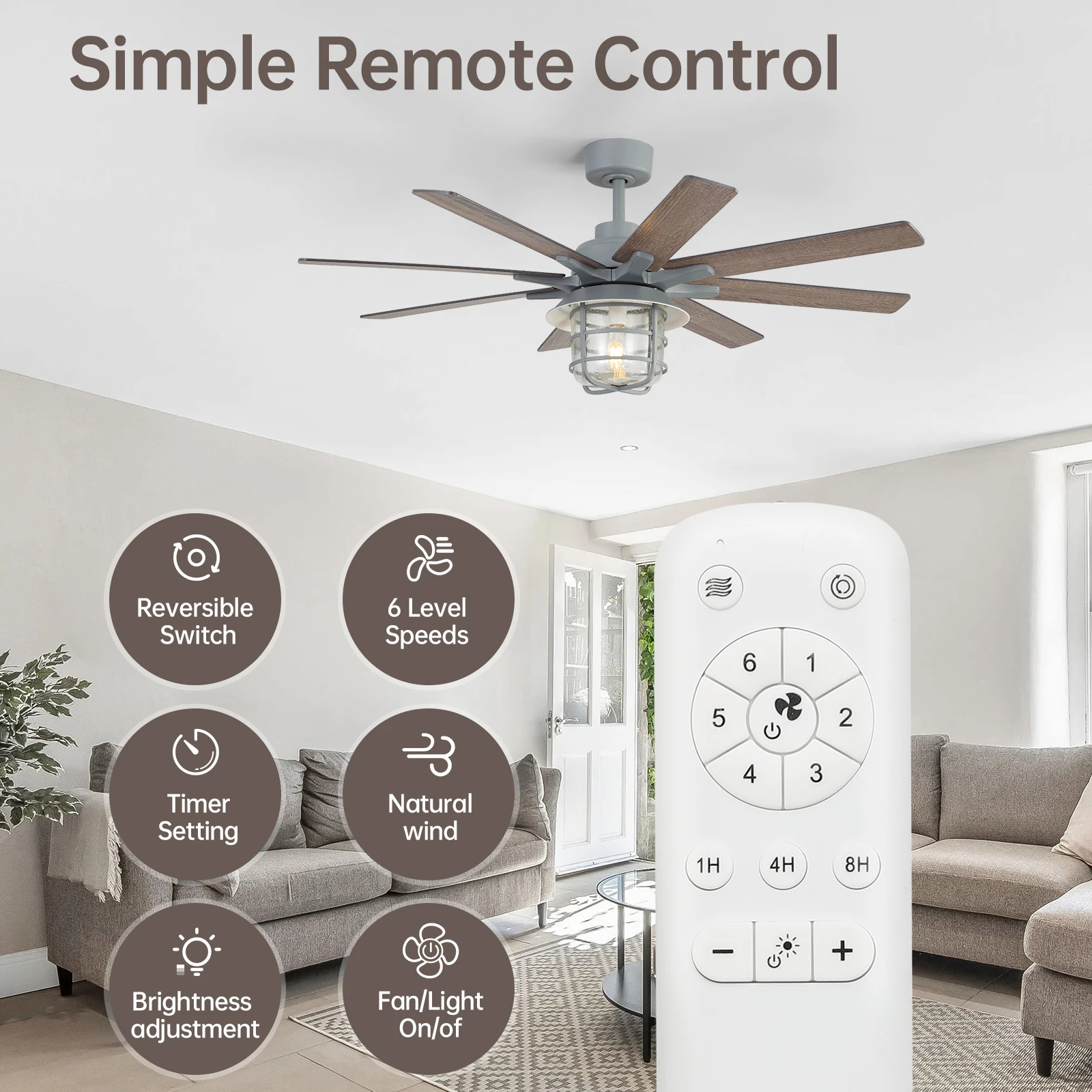 52-Inch Large Ceiling Fan With 8 Plywood Walnut Colored Blades,Quiet DC Motor,Glass Lampshade,3 Color Temperature,Cement Grey