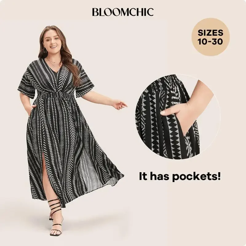 BloomChic Solid Geometric Dolman Sleeve Pocket Shirred Split Hem Dress