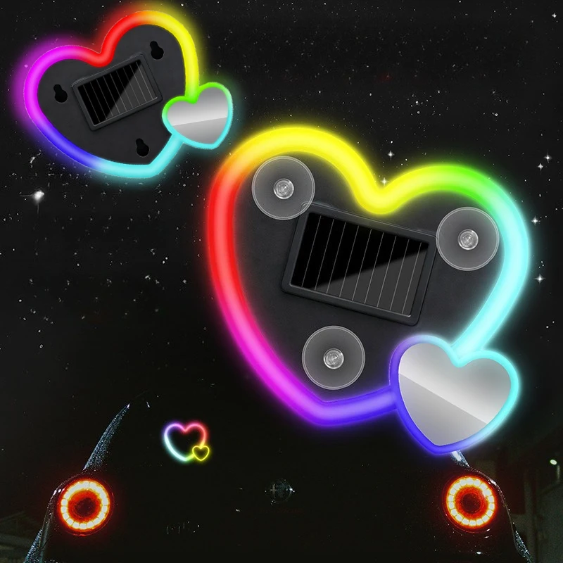 Car Neon Light Solar Powered Wireless Cute Heart Shaped Led Ambient Light Suction Cup USB Rechargeable Atmosphere Breathing Lamp
