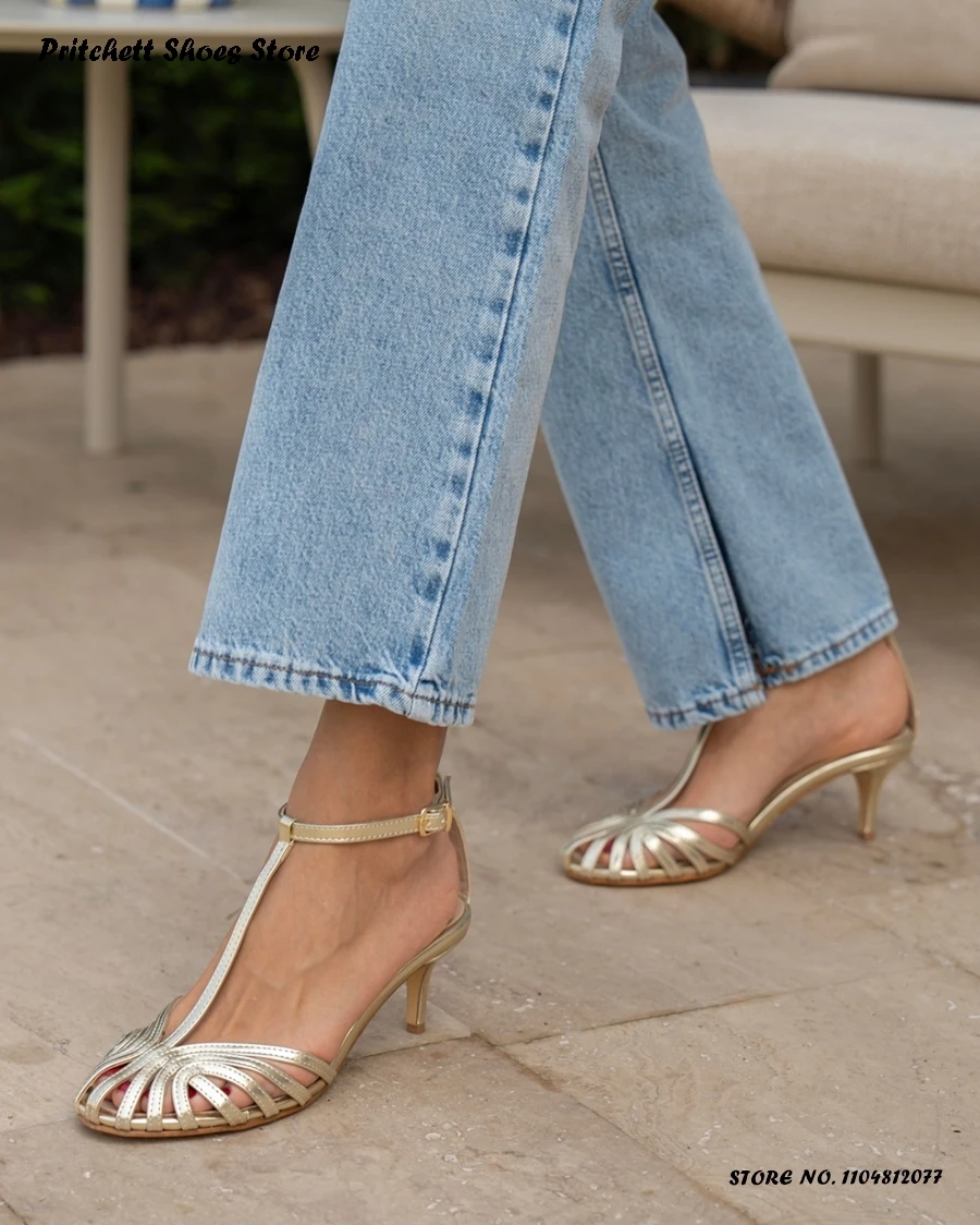 Women's Metallic T-strap Mid Heel Sandals Elegant Round Caged-toe Thin Heels Shoes Spring Summer Buckle Strap Office Footwear
