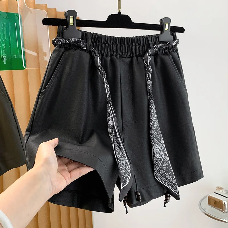 High Waist A-Line Wide Leg Pants Women's Outerwear Short Leather Shorts Belted Casual Style Autumn New Arrival Black Slimming