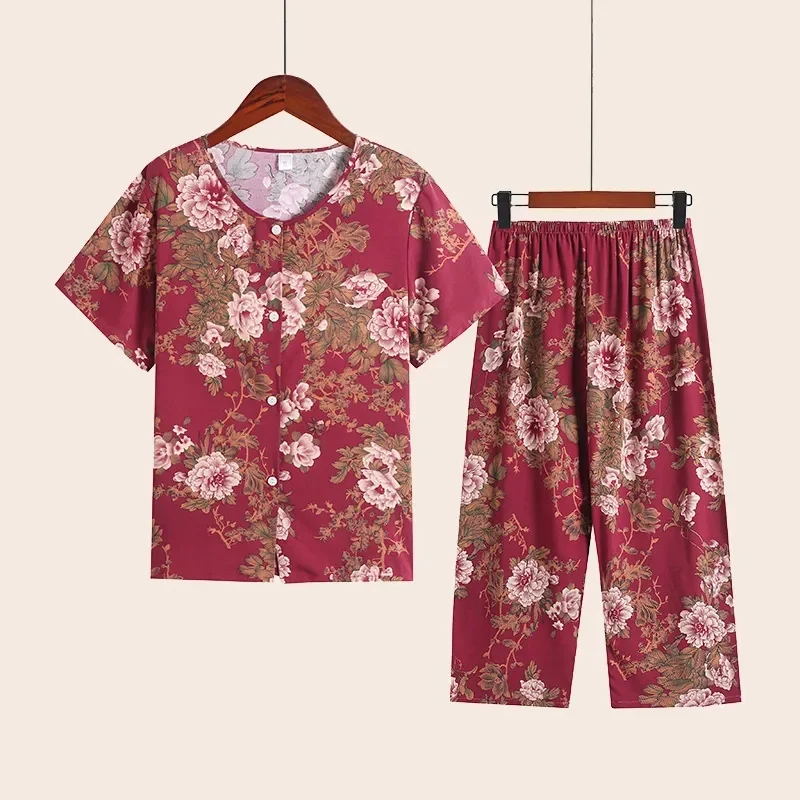 Summer Middle-aged And Elderly Mothers' Grandmother Button Home Clothing Loose Cotton Silk Short Sleeved Pants Set For External