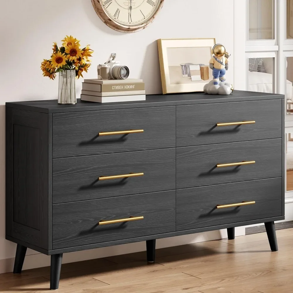 

6 Drawer Dresser for Bedroom, Chest of Drawers with Metal Handles, Wood Storage Dresser Modern Dresser for Nursery, Living Room