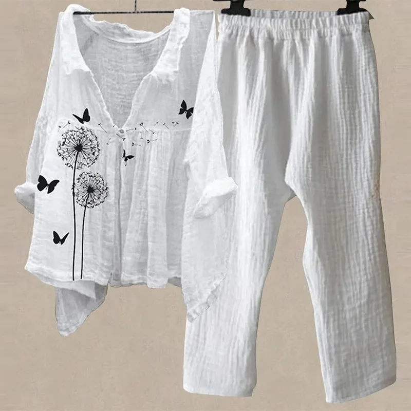 

Весенне-летняя модная женская одежда 202, уличная модная одежда, весенний топ с рукавами девять четвертей и принтом, брюки Two-pi