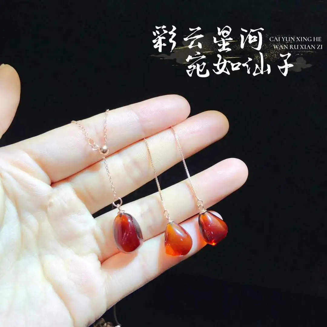 

Ожерелье с подвеской из натурального янтаря крови, комплект из стерлингового серебра, капля, минималистичные повседневные украшения для женщин