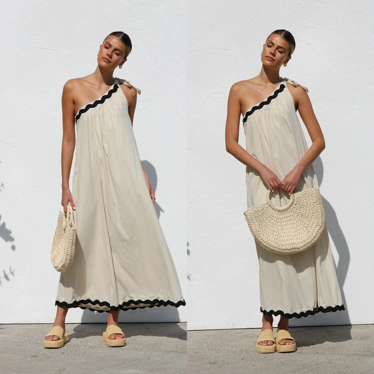 

New Spring Summer Fashionable Female Dress Elegant Solid Color Sleeveless Slant Collar Flower Edge Patchwork Long Dress Women