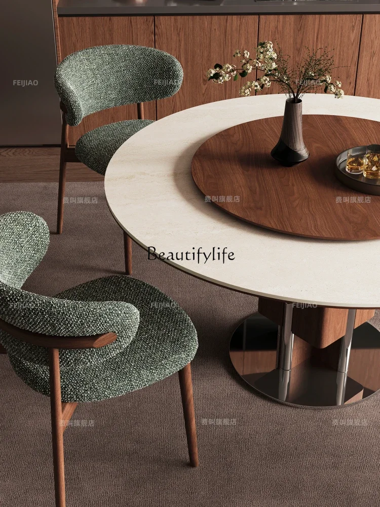 

yj32 French retro solid wood round table with turntable home modern simple travertine rock slab round dining table