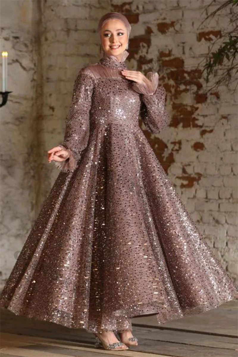 Abiti da sera musulmani di moda a maniche lunghe con paillettes scintillanti abiti da festa formali islamici collo alto donna abiti arabi De Soirée