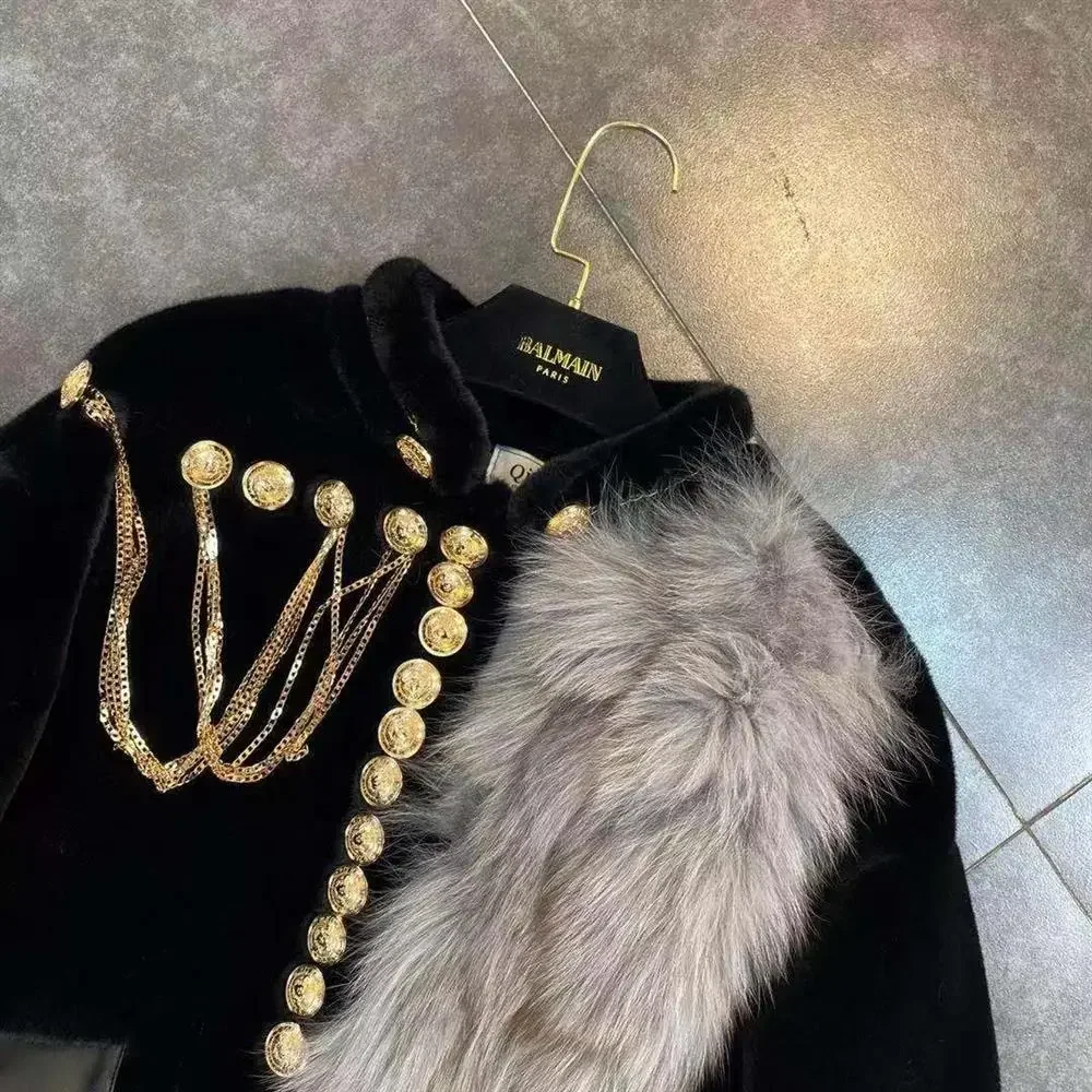 ผู้หญิงคอตั้งดอกไม้ปักแจ็คเก็ตหัวเข็มขัดทอง Chain Tassels Faux Fox ขนสัตว์ PU เย็บเสื้อ Parka Cardigan Top