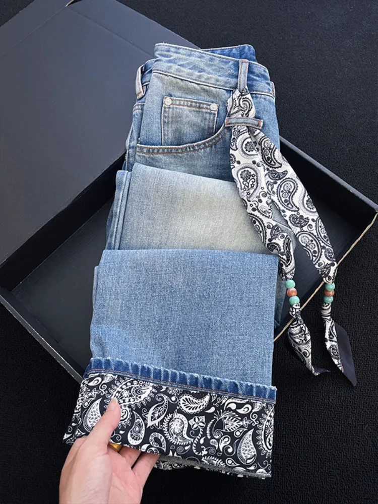 Jean épissé imprimé rétro bleu pour femme, pantalon à jambes droites, taille haute, en Denim, pour le bureau, pleine longueur, offre spéciale, nouvelle collection automne