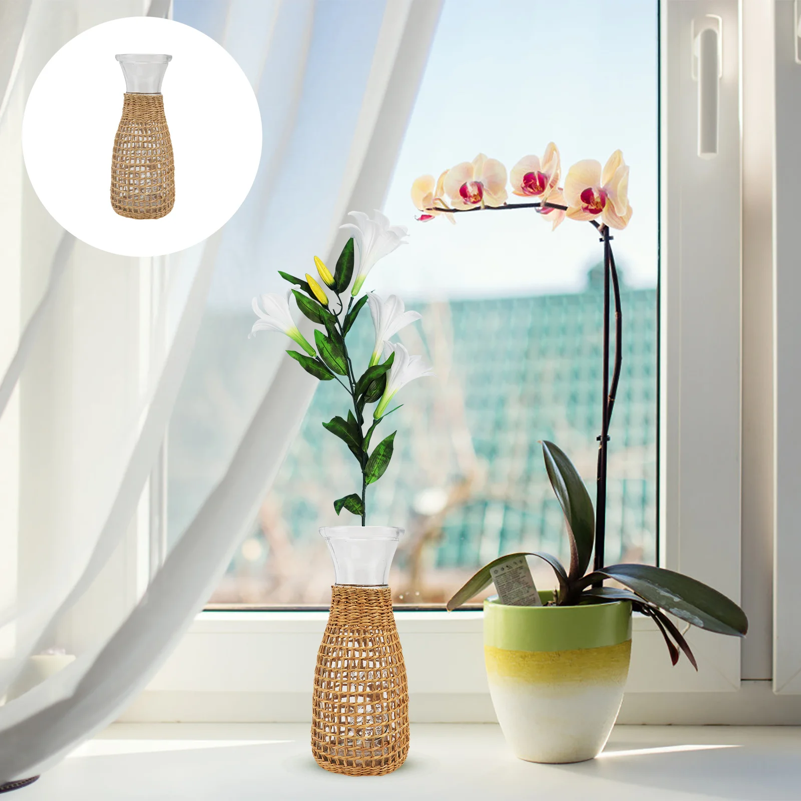 1Pcs Straw Woven Glass Vase Creative Desktop Flower Arrangement Container Decorative Vase Ornament Flower Container