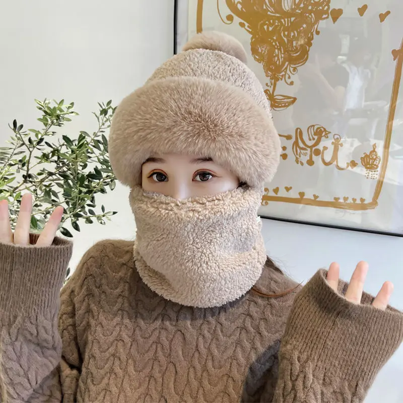 Winter Cashmere Hat Fleece Balaclava Men Women Head Hood Scarf Hat Cap Thicken Cozy Warm Bonnet Lamb Balaclava Riding Bobble Hat