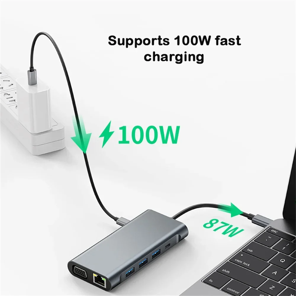 USB C Hub USB الفاصل منافذ موسع 10in1 TypeC إلى 4K HDMI SD TF قارئ بطاقات شحن سريع RJ45 إيثرنت VGA لماك بوك برو اير