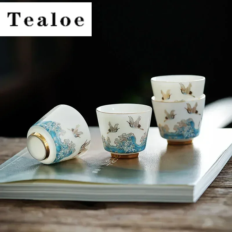 

2pcs /Set 60ml Mutton Fat Jade White Porcelain Auspicious Crane Guanhai Tea Cup Creativity Gold-banded Ceramics Kung Fu Tea Set