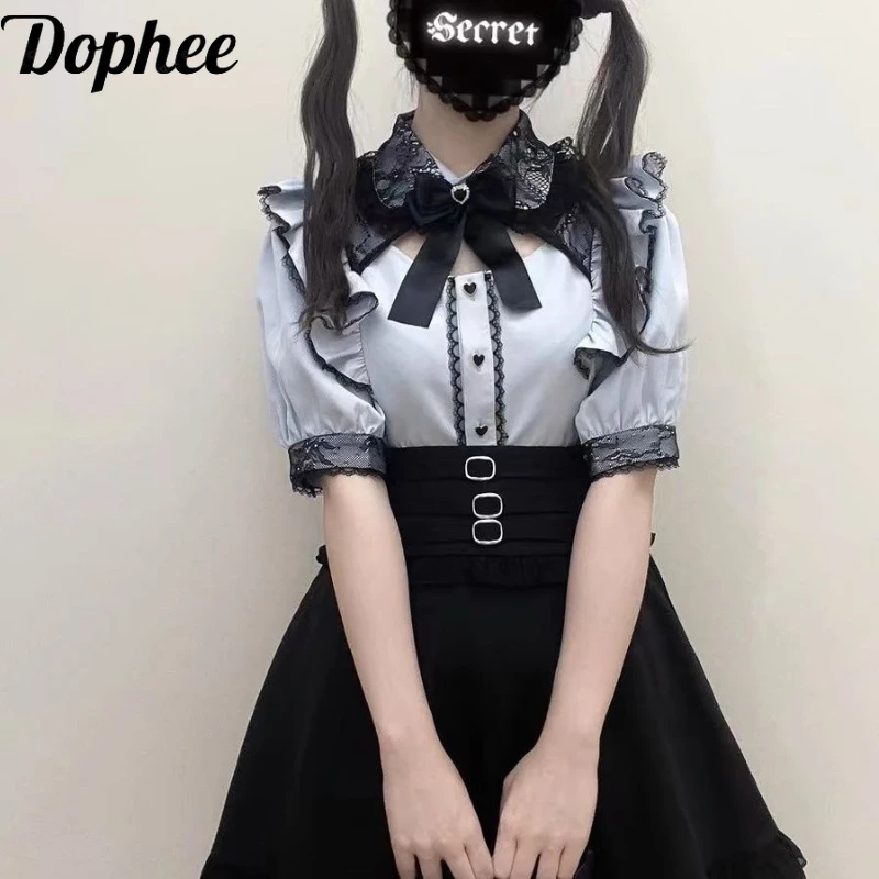 Dophee Original Japanese Hollow Out Lace Turn-down Collar Shirt Cute Lolita Tops Love Diamonds Bow Elegant Short Sleeve Blouses