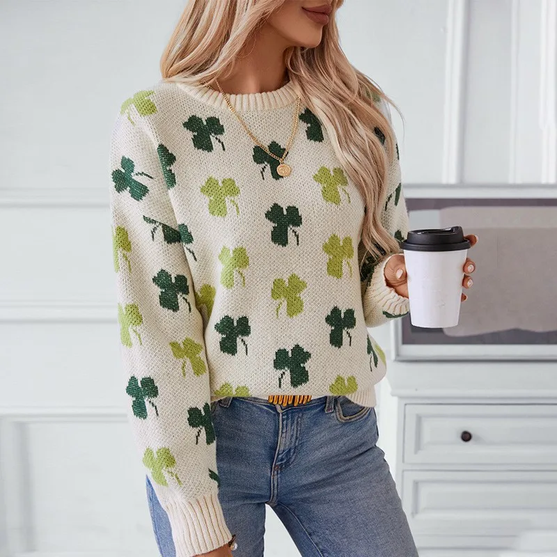 New Maple Leaf Jacquard Knitted Hoodie Winter Women's Comfortable Hoodie Casual Loose O-Neck Warm Long Sleeve Knitted Sweater