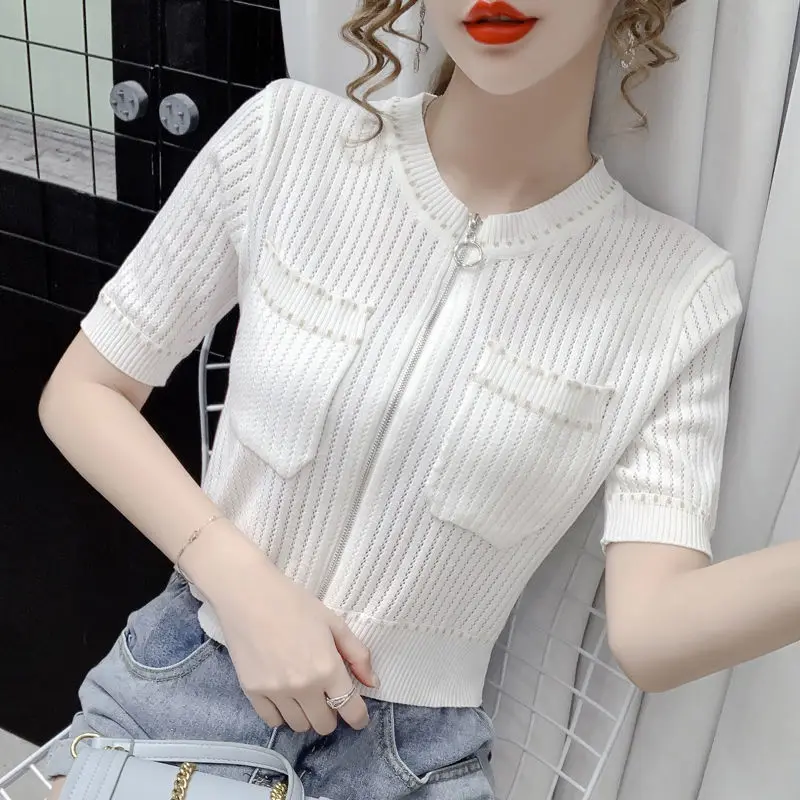 

Women's Elegant Slim Solid Color Short Sleeve O-neck Tops Summer Fashion Zipper Knitted Cardigan Commute Casual T-Shirt