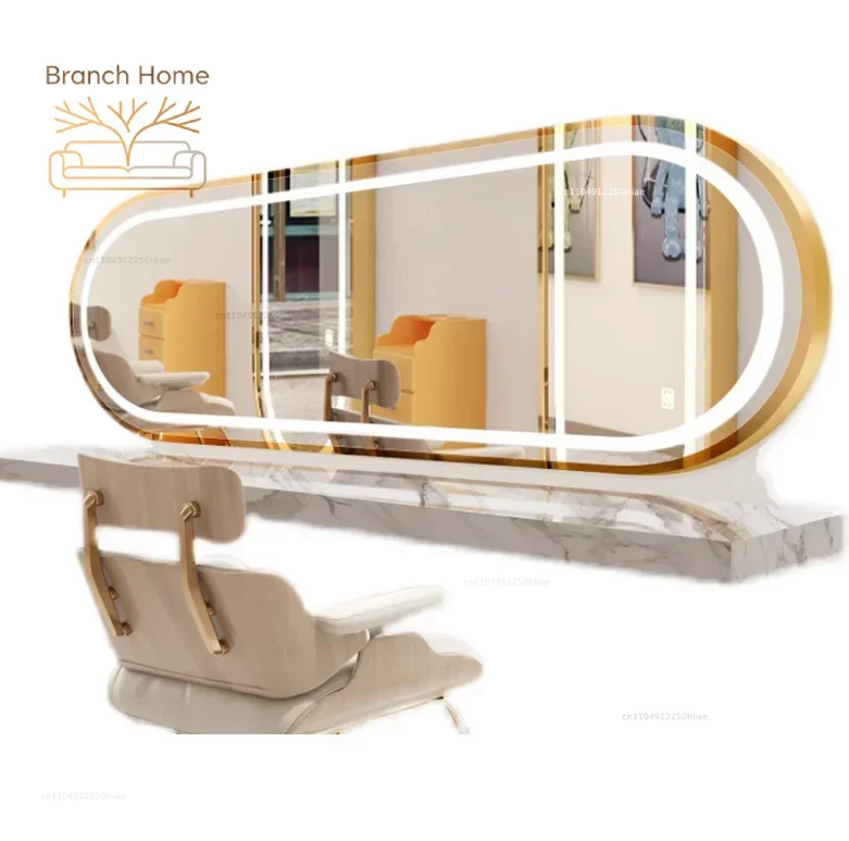Horizontal hanging hair salon mirror with lights, internet celebrity hair salon mirror table