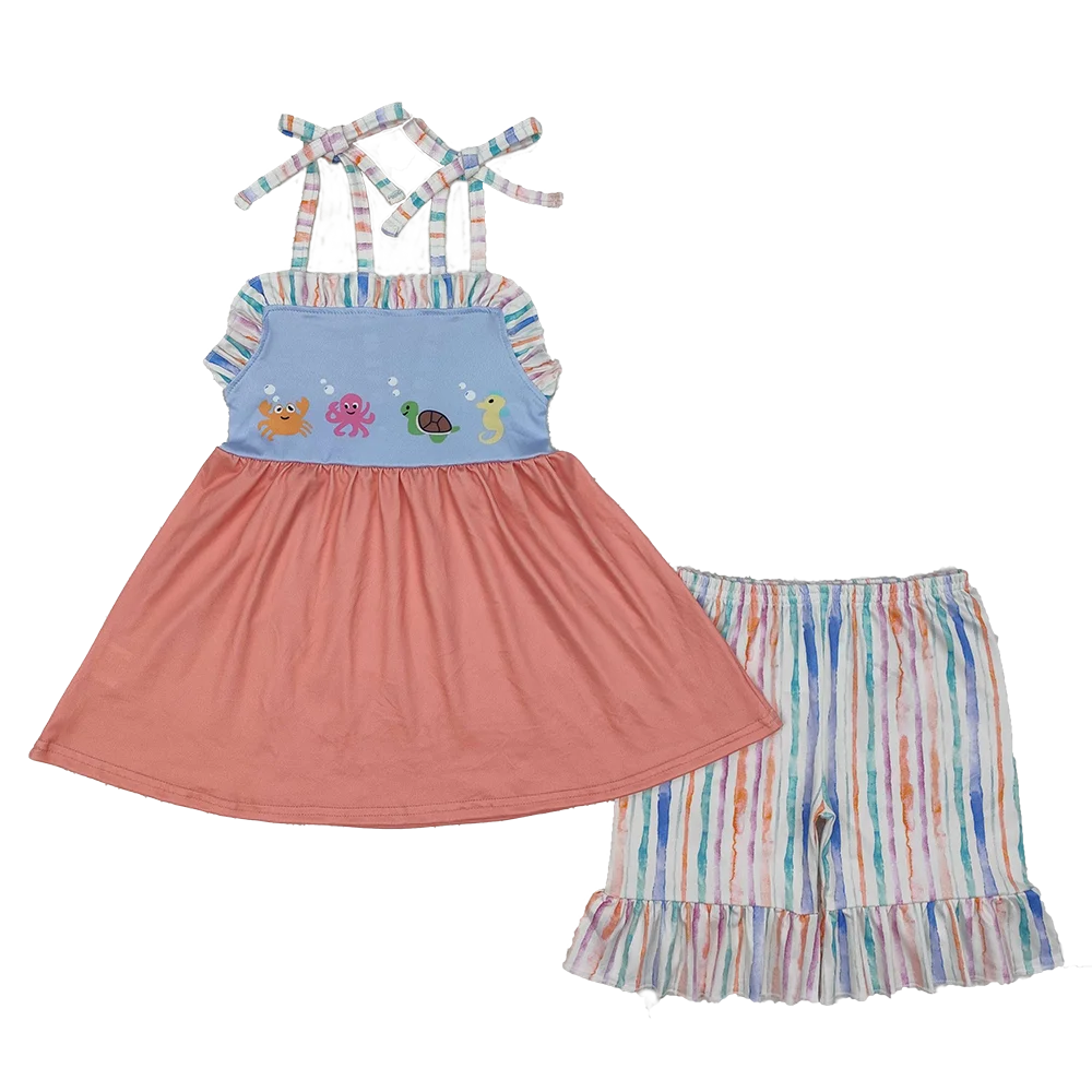 

GSSO2016 Baby Girls Sea Animals Tunic Ruffle Shorts Sets