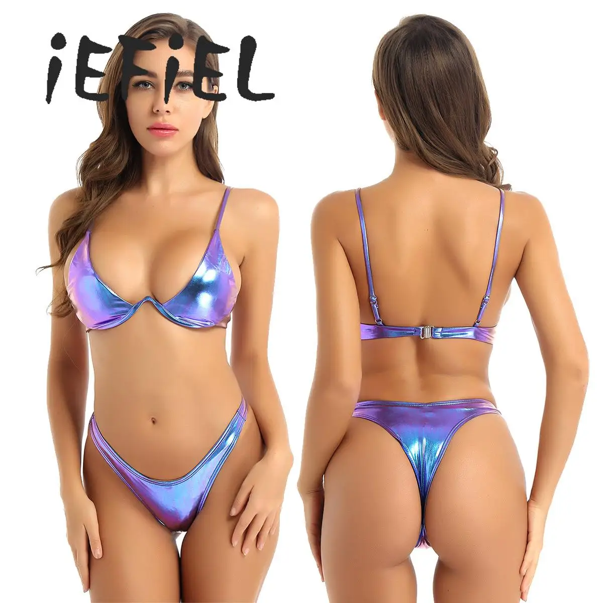 

Womens 2 Pieces Shiny Bikini Set Liquid Metallic Swimsuit Sexy Padded Push Up Bra Tops Bralette with Bikini Briefs Swimwear