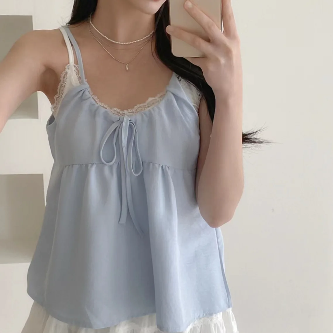 Summer New Sle Women's Strap Vest Loose V-ne  Knot Tie Top Korean Design Faionable Age-reducing Outerwear