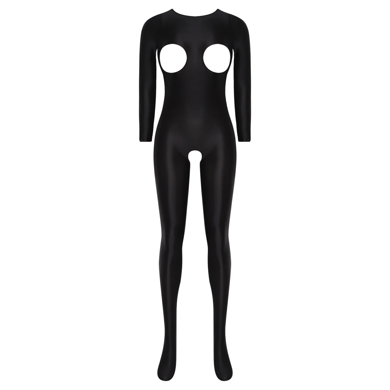 

Womens Sexy Jumpsuit Romper Glossy Stretchy Unitard Nightwear Cutout Cup Open Crotch Long Sleeve Footed Tights Bodysuit Teddies