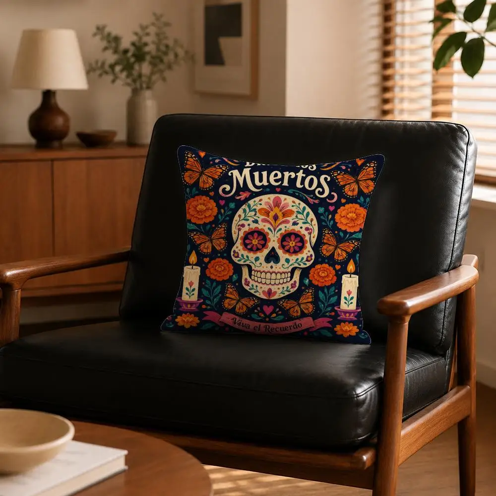 Day of the Dead Dia de los Muertos Cushion Cover Cushion Covers Natural Linen Breathable Sofa Bedroom Decor Pillowcase