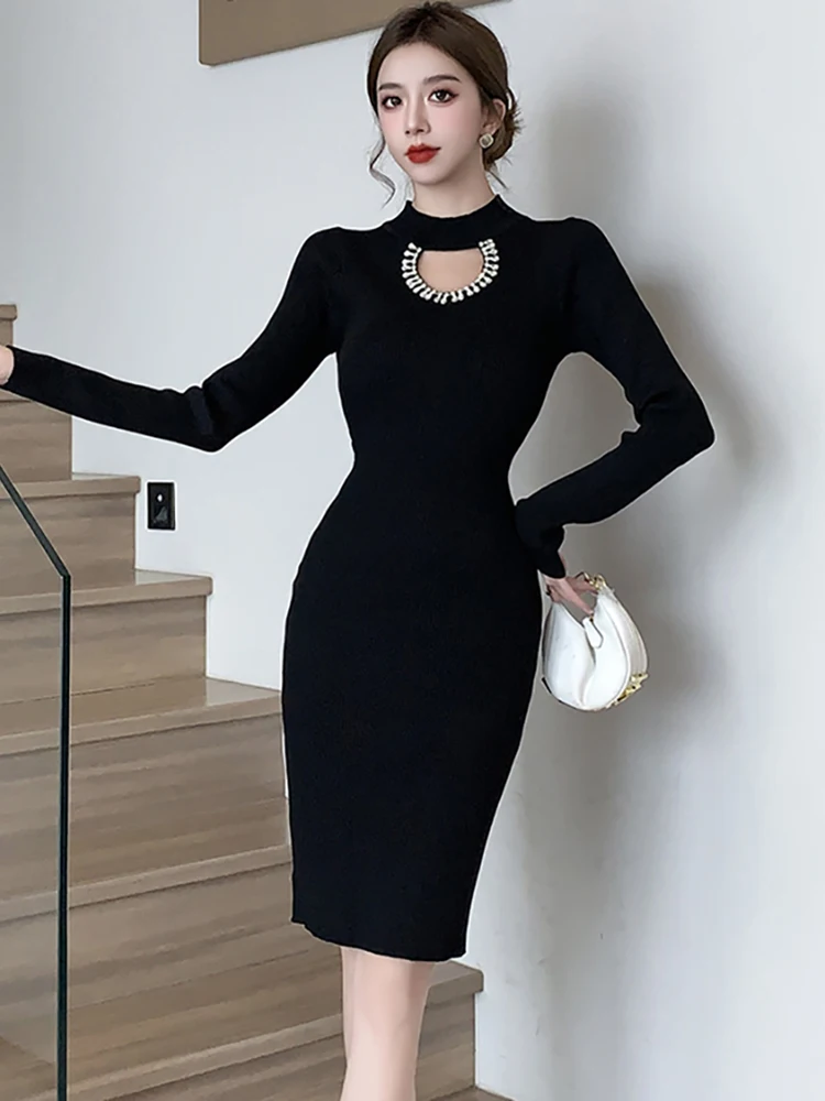 Herbst Winter Schwarz Gestrickte Diamanten Aushöhlen Sexy Midi Kleid Frauen Elegante Luxus Pullover Kleid 2025, Koreanische Bodycon Vestidos