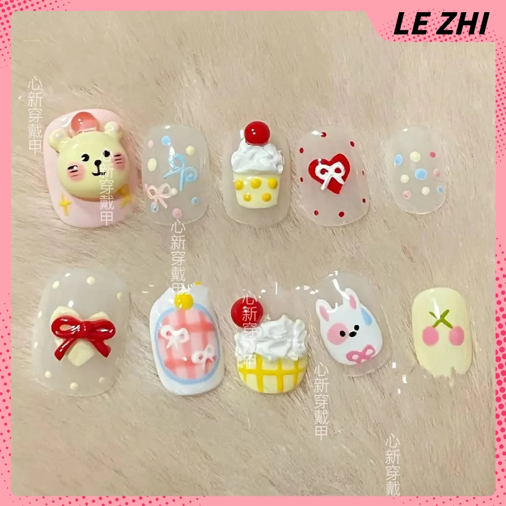 Kawaii 3D Cartoon Press On Nail Party Sticker Short Square Cute Dessert Decoration Detachable Reusable Party Sticker Nail Gift