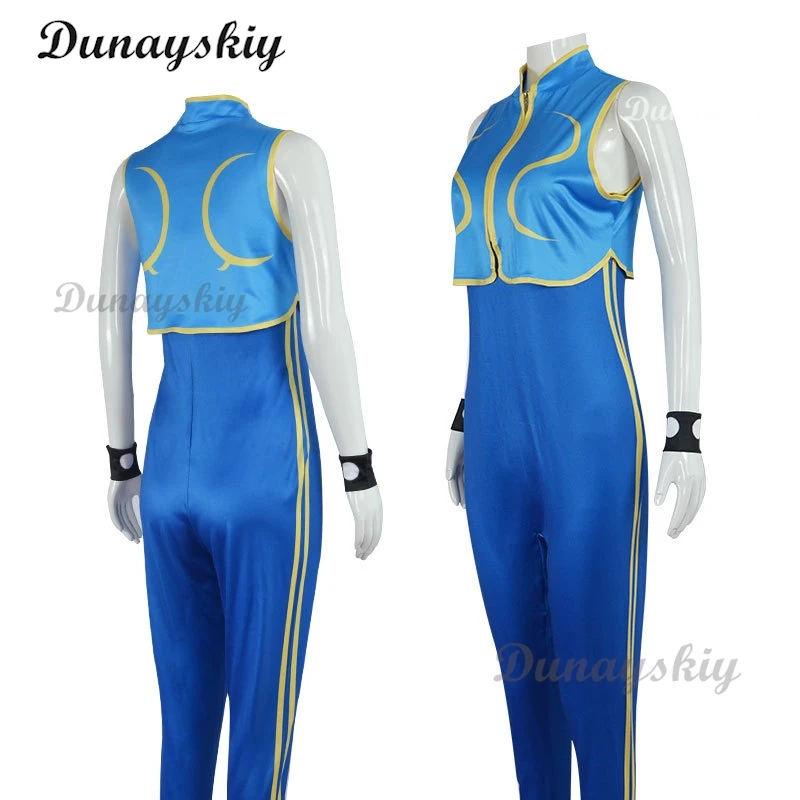 Game Chun Li Cosplay Costume Wig Blue ChunLi Superhero Jumpsuit Woman Girls Carnival Party Dress Bodysuit Zentai Suit Customized