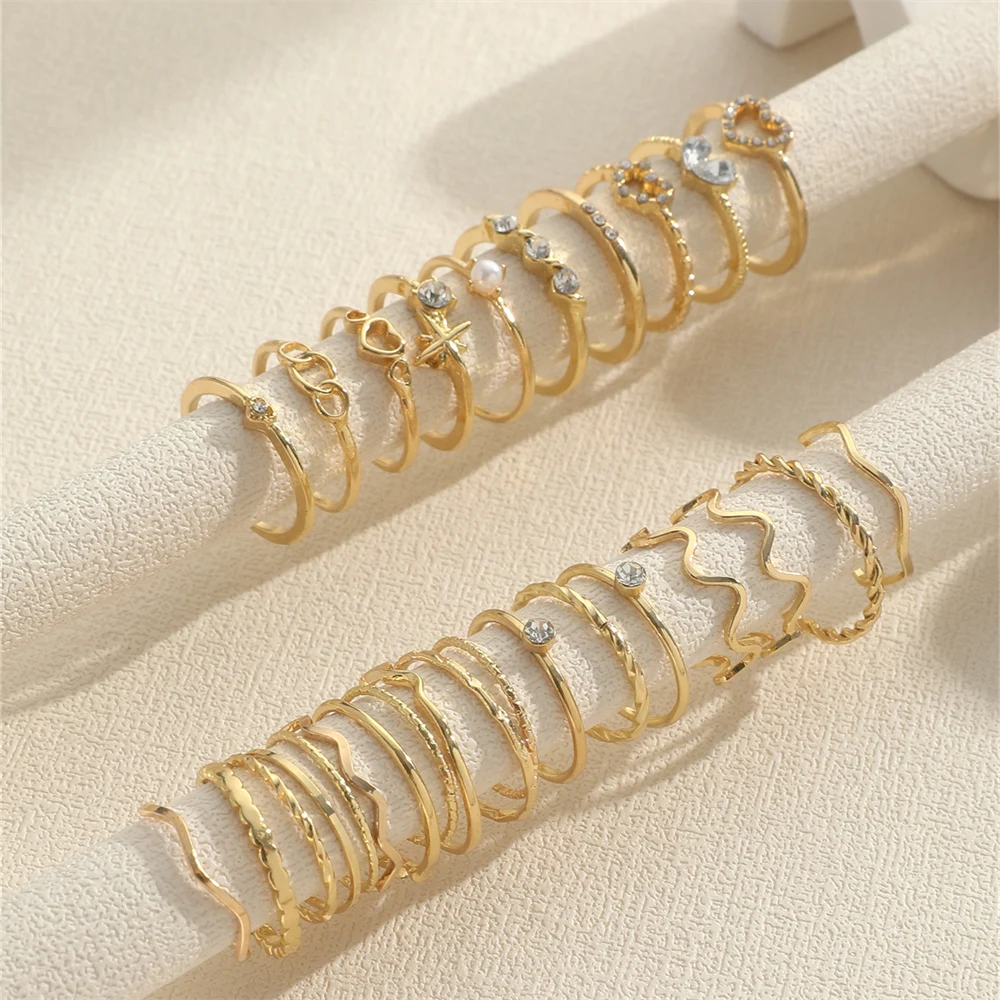 28pcs/Set Fashionable Heart Love Star Rhinestone Simple Wave Metal Circle Hollow Geometric Multi-Element Style Rings For Women image 4