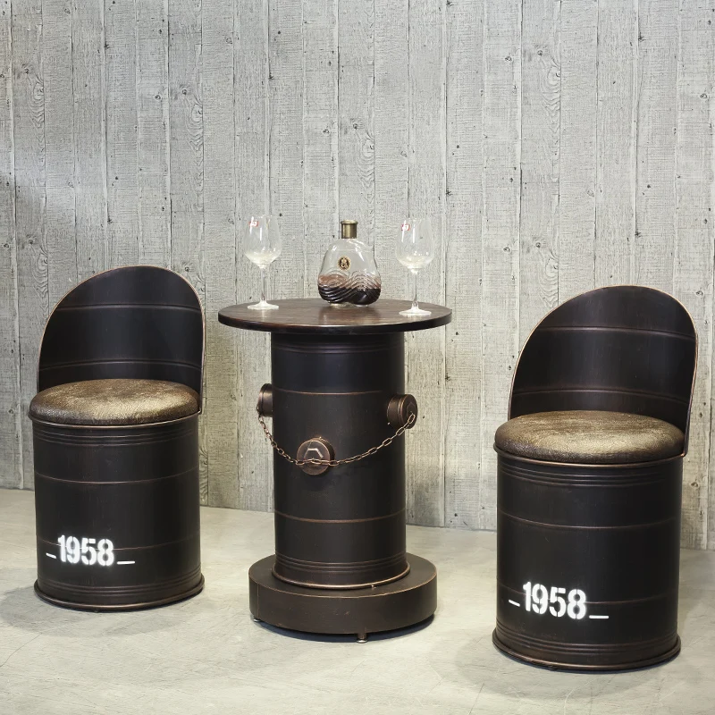 Industrial style retro bar milk tea hot pot shop hair salon clothing store tables and chairs iron barrel stool chair oil barrel