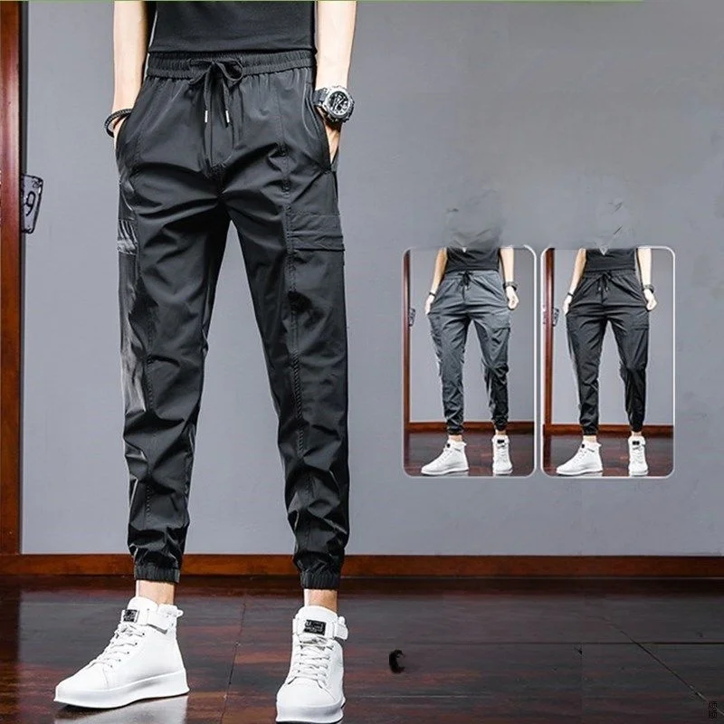 

Elastic Sports Trousers for Men Loose Ice Silk Qui Dry Lightweight Summer Casual Pants Workwear with Cuffs Polyester Fiber