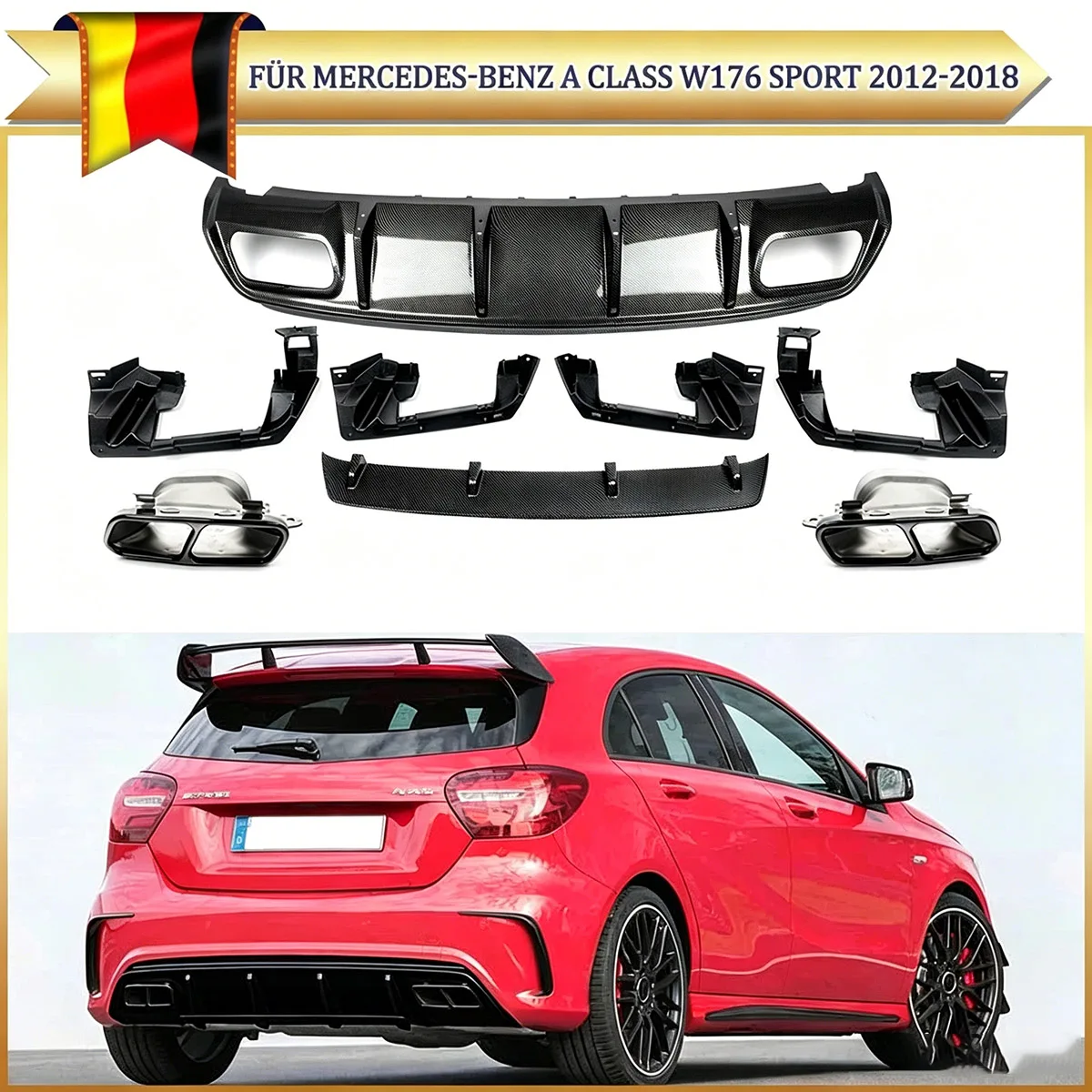 Carbonfaser-Optik für Mercedes-Benz W176 A220d A45 AMG 2012~2018 Heckdiffusorlippe mit zwei Auspuffendrohren Bodykit ABS